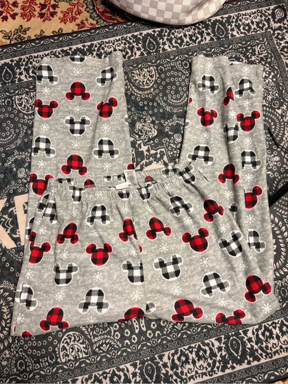 Disney Gray Pajama Pants with Red & Black Buffalo Plaid Mickey Heads